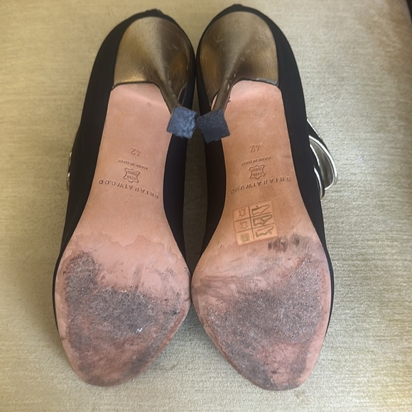 Brian Atwood Naiya Black and Gold Silk Crepe Peep-Toe High-Heel Bootie Size EU42 - Picture 14 of 16